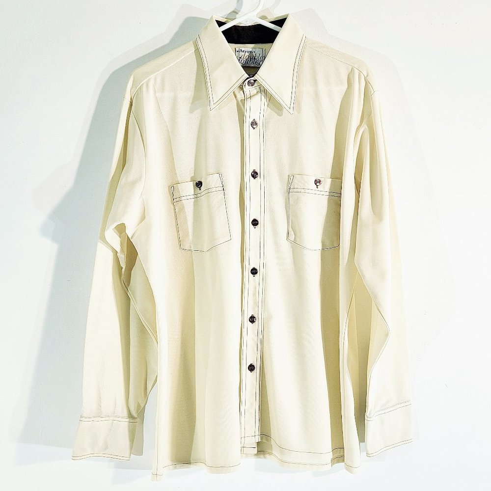 Vintage ARROW Doubler Men's 17 - 35 Button Up Polyester Shirt Contrasting Stitch